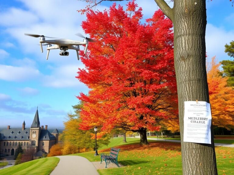 Flick International Misty view of Middlebury College campus with vibrant autumn foliage and a drone searching for a missing student