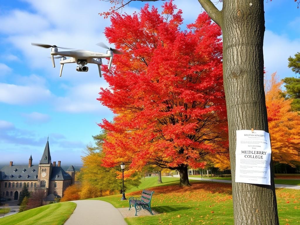 Flick International Misty view of Middlebury College campus with vibrant autumn foliage and a drone searching for a missing student
