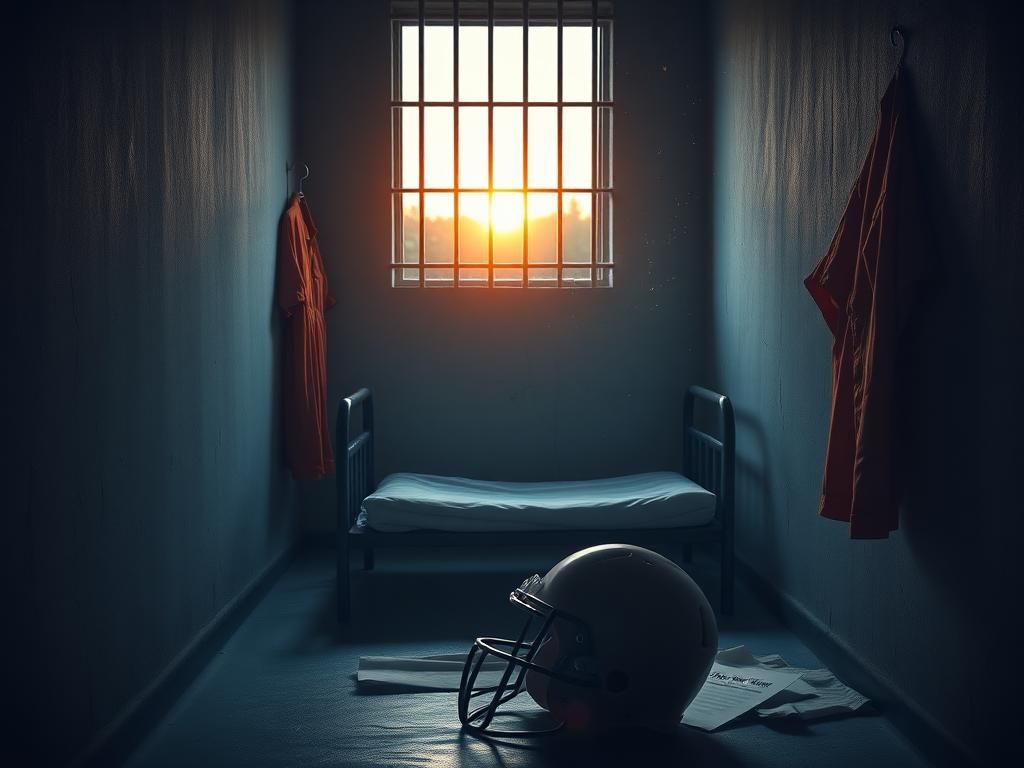 Flick International Dimly lit jail cell with an orange jumpsuit and abandoned football helmet