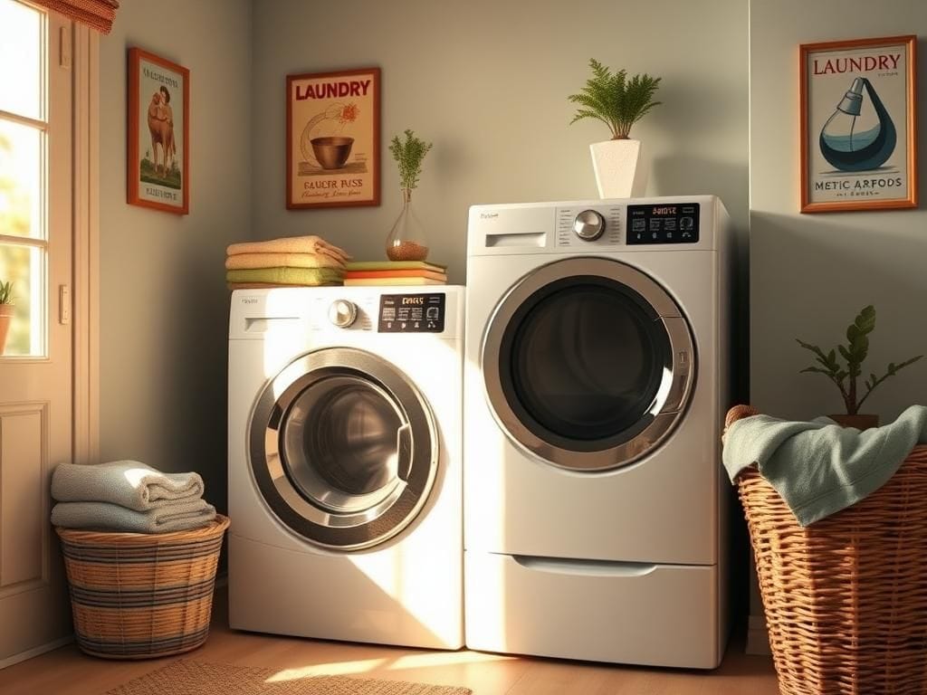 Flick International Modern washer and dryer in a cozy laundry room setting