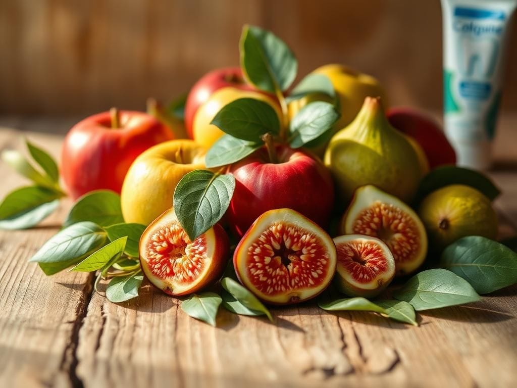 Flick International Close-up of fresh apples, figs, and guava fruits arranged elegantly on a rustic wooden surface