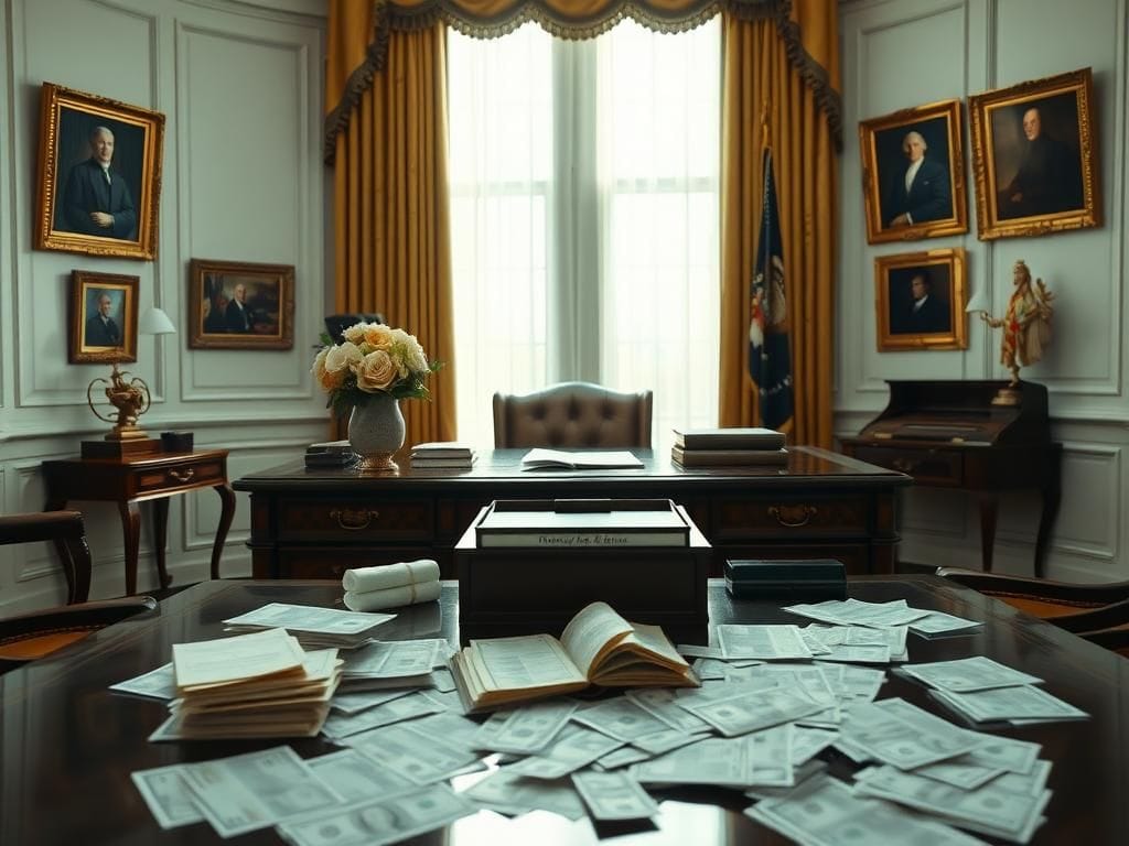 Flick International A captivating view of the Oval Office with a desk filled with legal documents and dollar bills