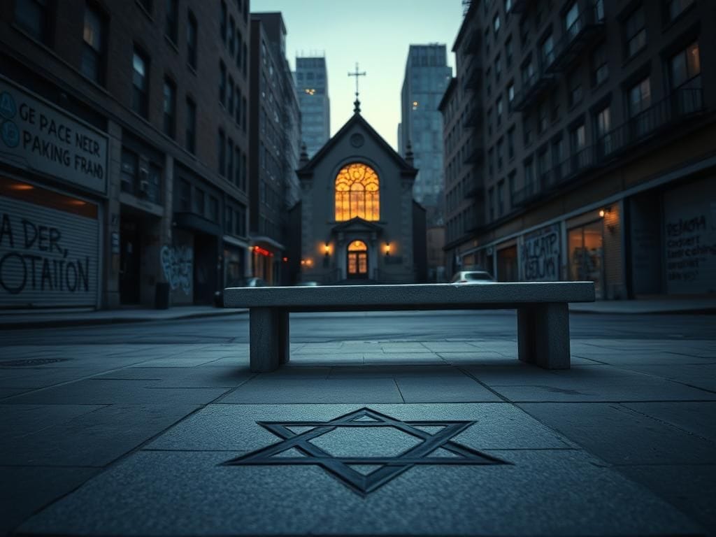 Flick International Somber urban landscape featuring a symbolic synagogue in New York City at twilight