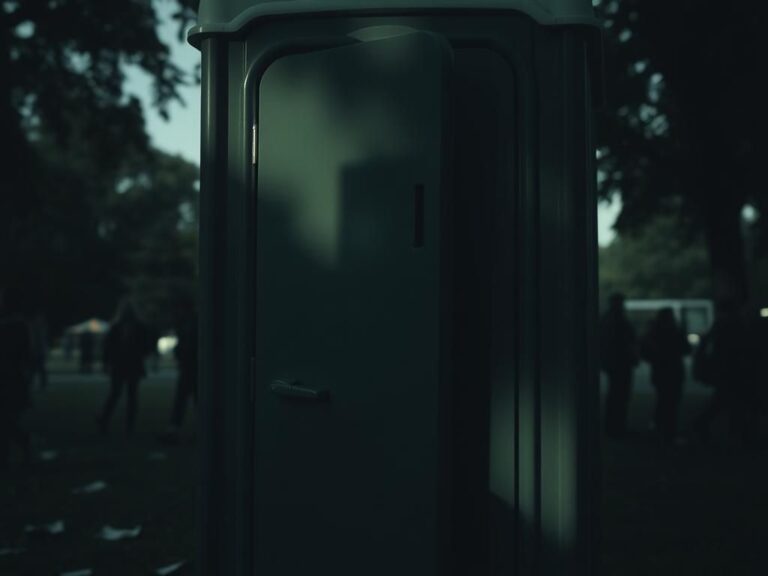 Flick International Close-up view of a portable toilet with an ominous shadow, suggesting secrecy and intrusion.