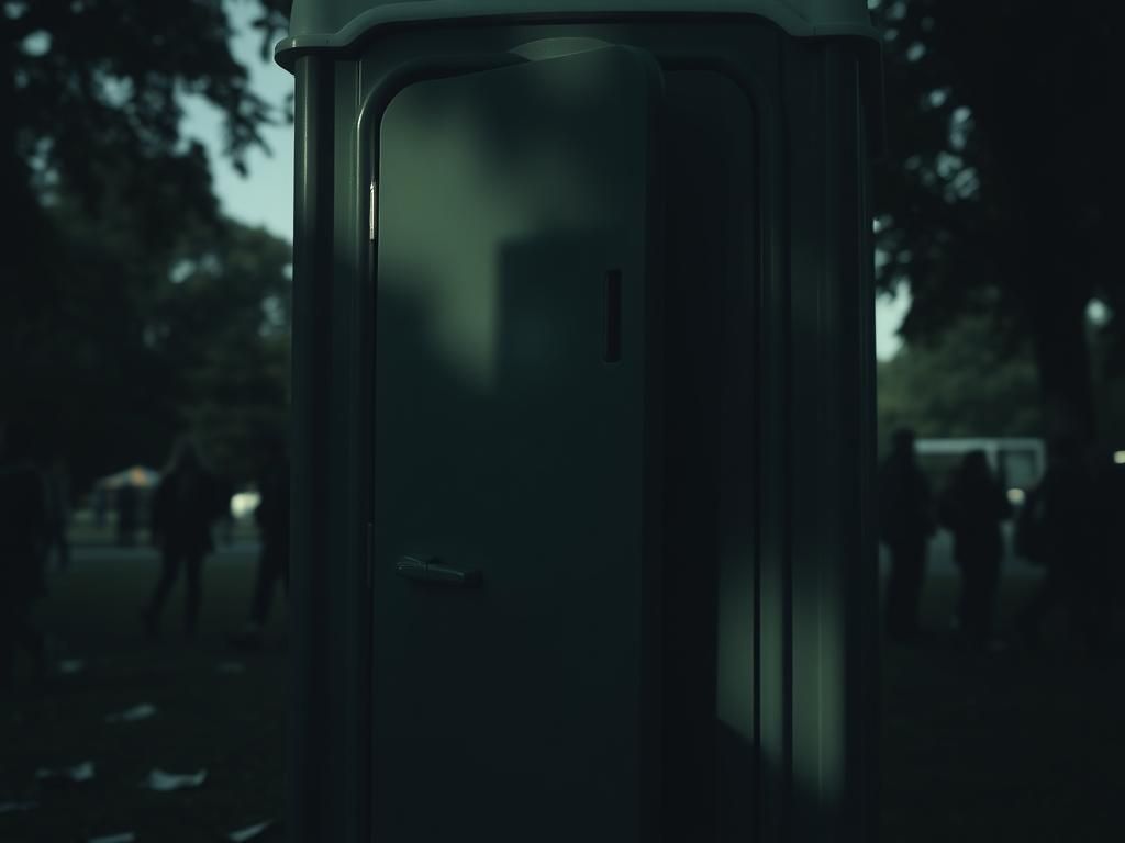 Flick International Close-up view of a portable toilet with an ominous shadow, suggesting secrecy and intrusion.