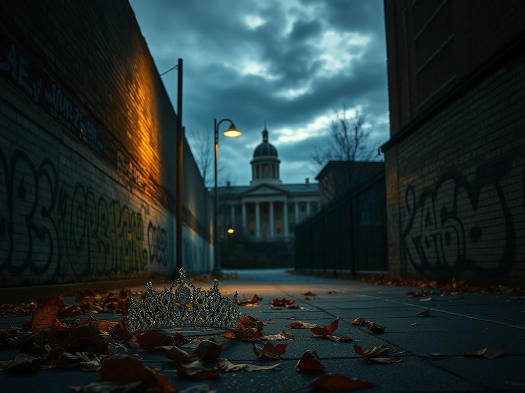 Flick International A beauty queen's tiara partially buried in autumn leaves in a dark Philadelphia alley