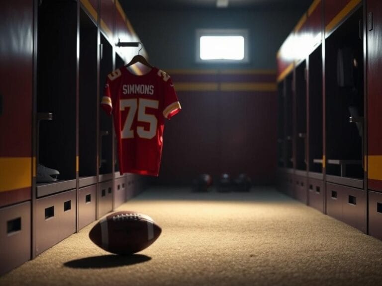 Flick International Empty locker showcasing Kansas City Chiefs jersey number 75, representing rookie lineman Josh Simmons' absence