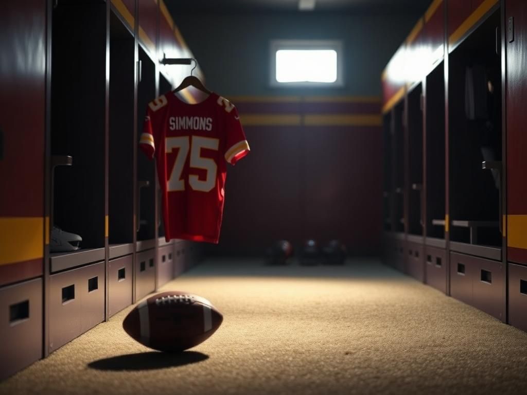 Flick International Empty locker showcasing Kansas City Chiefs jersey number 75, representing rookie lineman Josh Simmons' absence