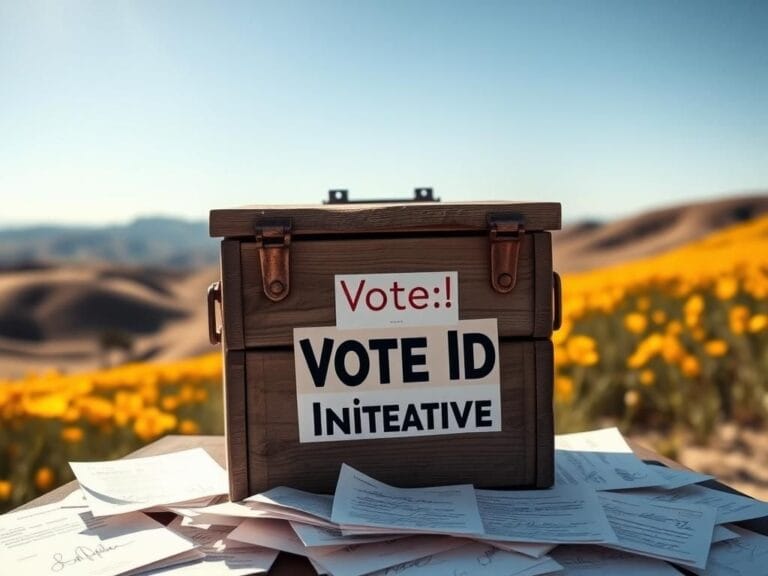 Flick International close-up of a weathered wooden ballot box with rustic hardware set against a California landscape