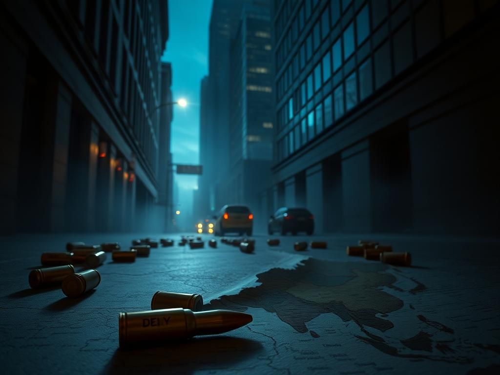 Flick International Dimly lit urban alley in Manhattan with a silhouette of a hotel and scattered bullet casings.