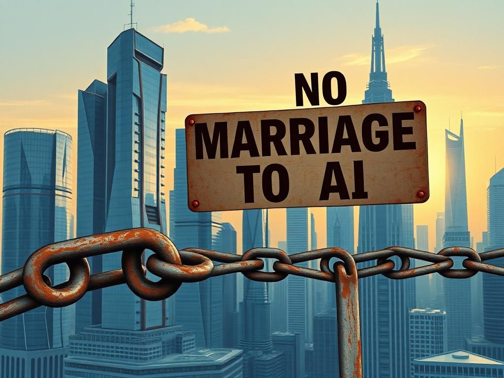 Flick International Futuristic cityscape with a sign warning against marrying AI