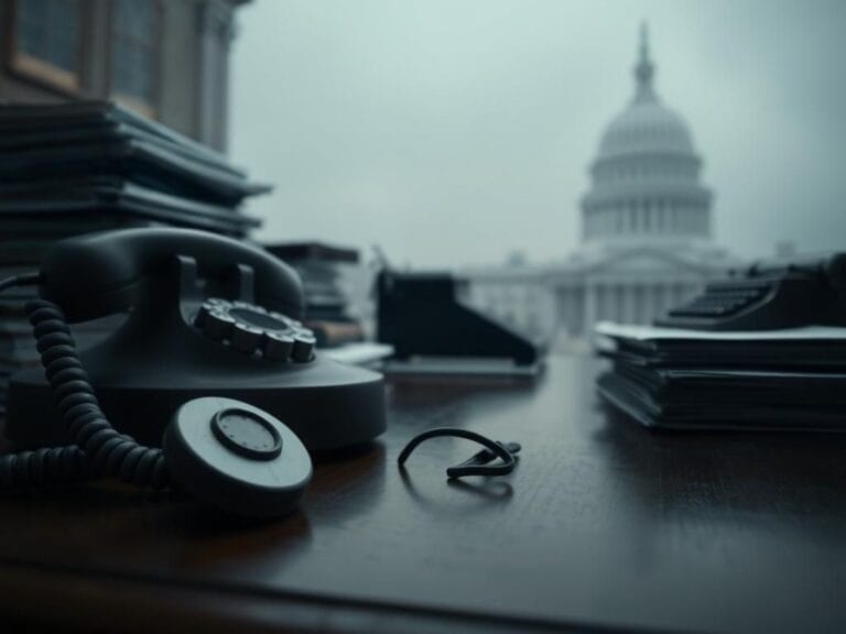 Flick International Close-up of a vintage telephone and official documents symbolizing political communication