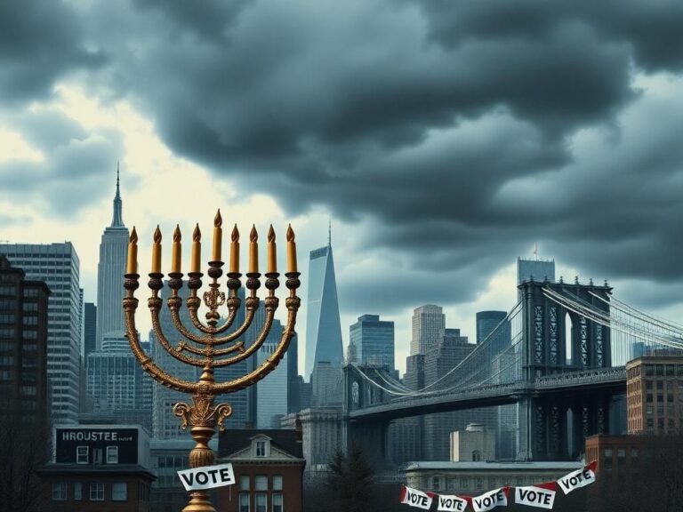 Flick International An ornate menorah symbolizing the Jewish community in New York City with dark clouds looming overhead