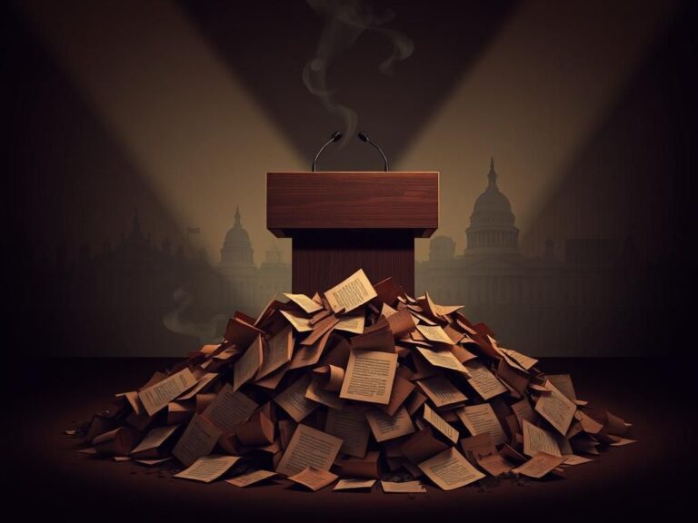 Flick International A political podium surrounded by burnt paper symbolizing discarded DNC talking points