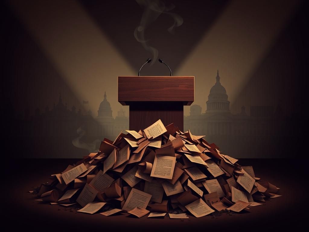 Flick International A political podium surrounded by burnt paper symbolizing discarded DNC talking points