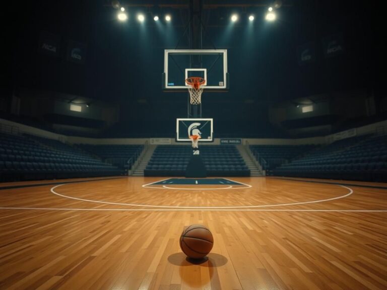 Flick International Empty basketball court at dusk with a forlorn basketball near the free-throw line