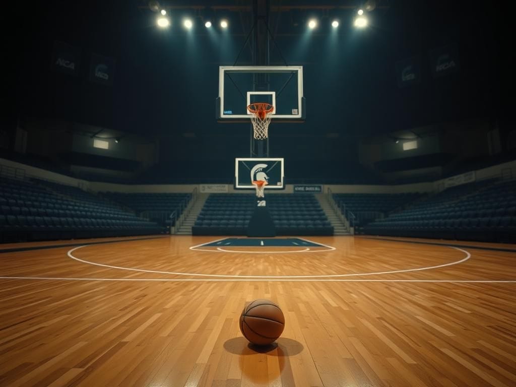 Flick International Empty basketball court at dusk with a forlorn basketball near the free-throw line