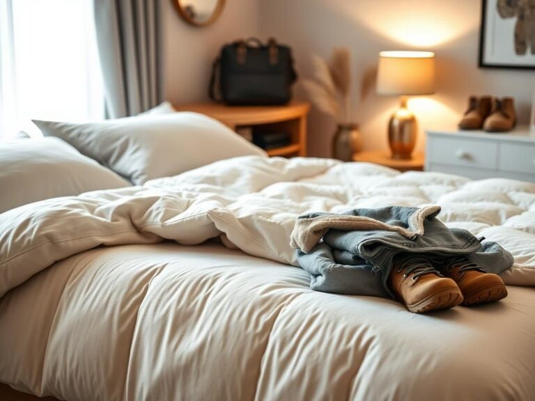 Flick International Cozy indoor scene featuring a luxurious bed with plush bedding and stylish winter apparel