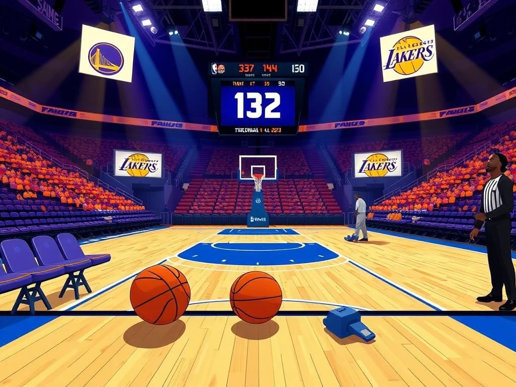 Flick International Illustration of a basketball court during an NBA game showcasing the Golden State Warriors' empty bench.