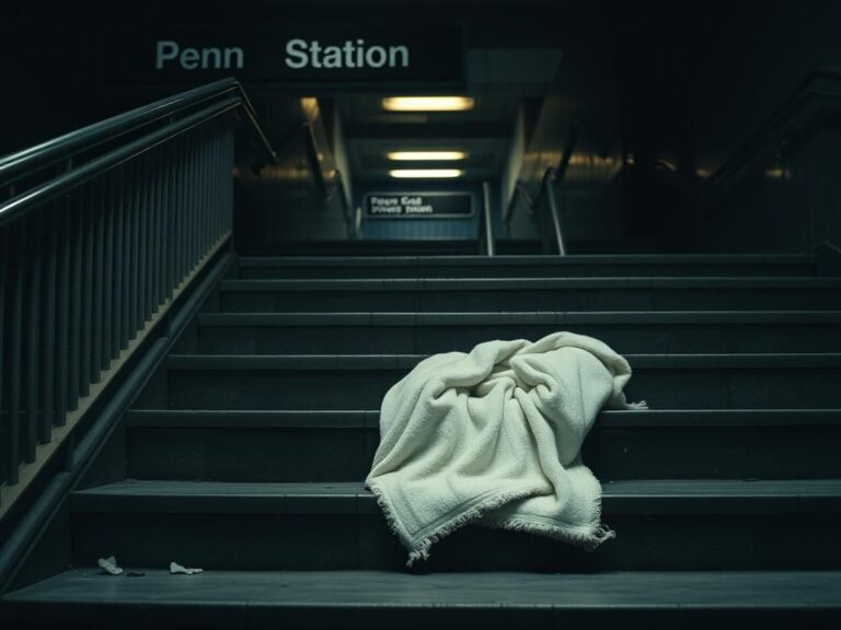 Flick International Abandoned baby blanket on dim subway steps at Penn Station
