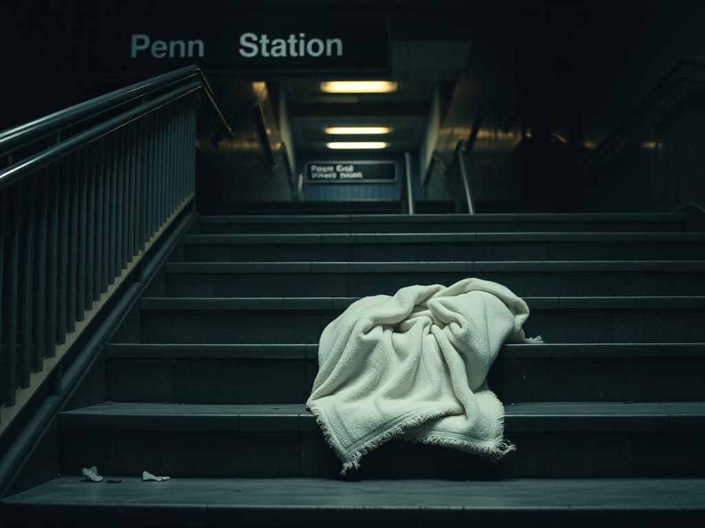 Flick International Abandoned baby blanket on dim subway steps at Penn Station