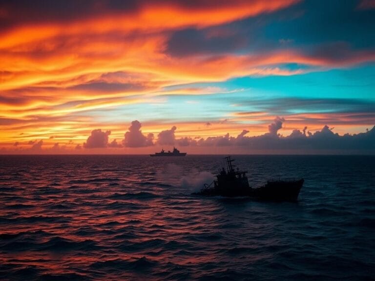 Flick International Remnants of a destroyed drug vessel partially submerged in the Eastern Pacific Ocean at sunset
