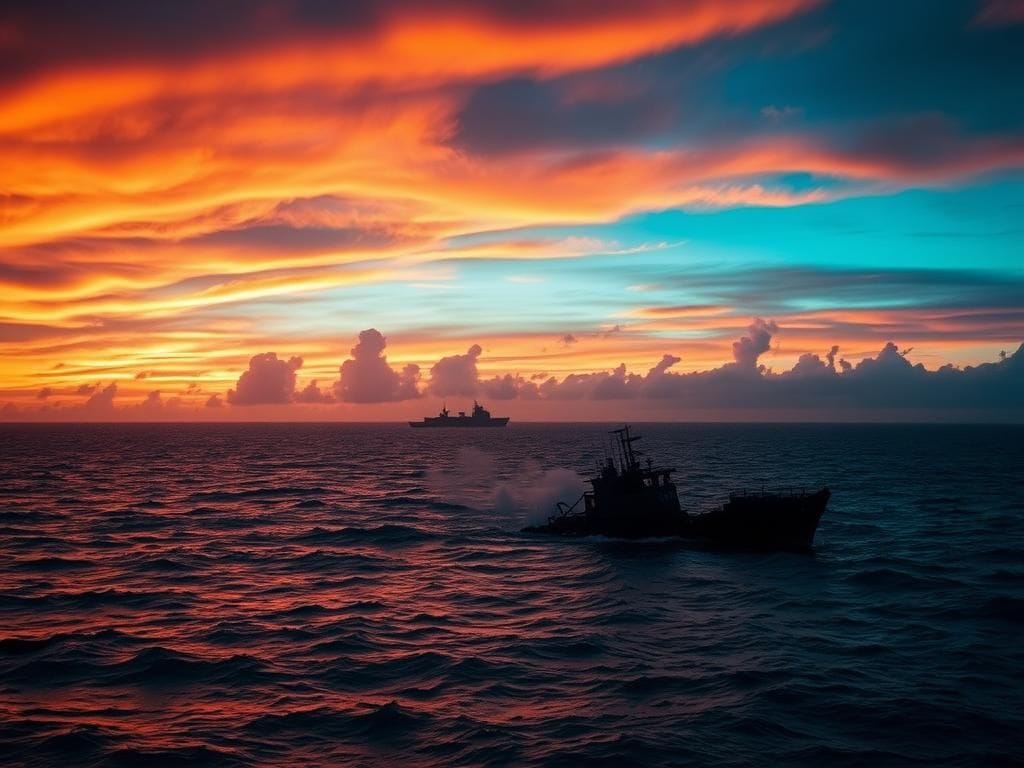 Flick International Remnants of a destroyed drug vessel partially submerged in the Eastern Pacific Ocean at sunset