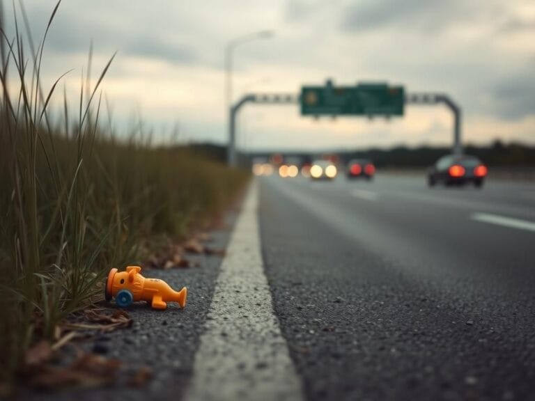 Flick International Close-up of a toy left behind on a desolate interstate entrance ramp symbolizing a lost autistic child