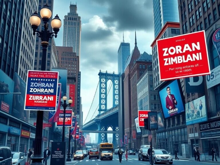 Flick International A dynamic urban landscape of New York City featuring campaign posters for Zohran Mamdani in a politically charged atmosphere.