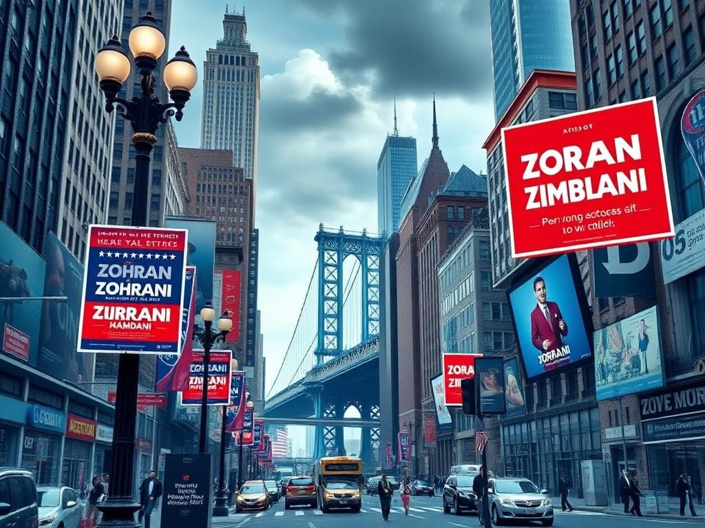 Flick International A dynamic urban landscape of New York City featuring campaign posters for Zohran Mamdani in a politically charged atmosphere.