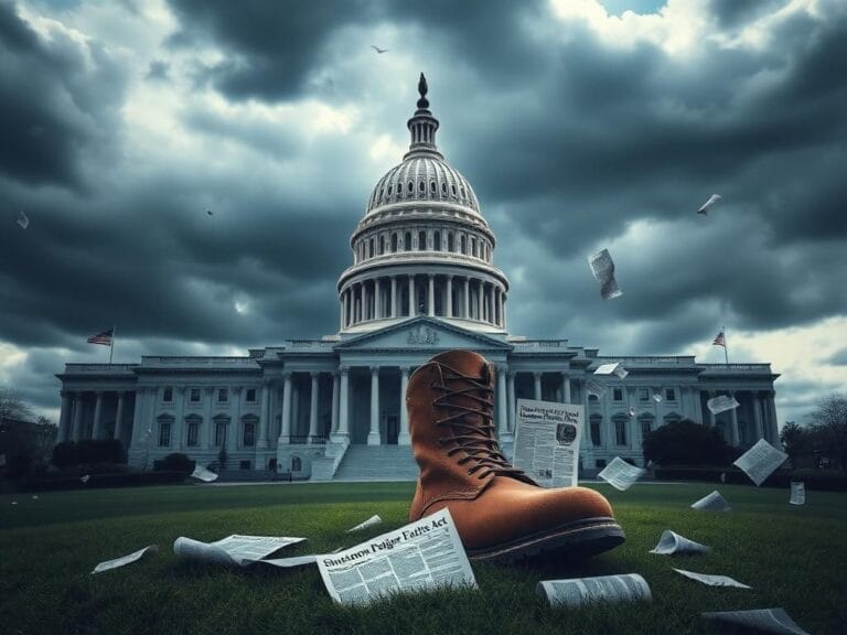 Flick International Dramatic depiction of the U.S. Capitol building surrounded by dark clouds highlighting political tension during a government shutdown.