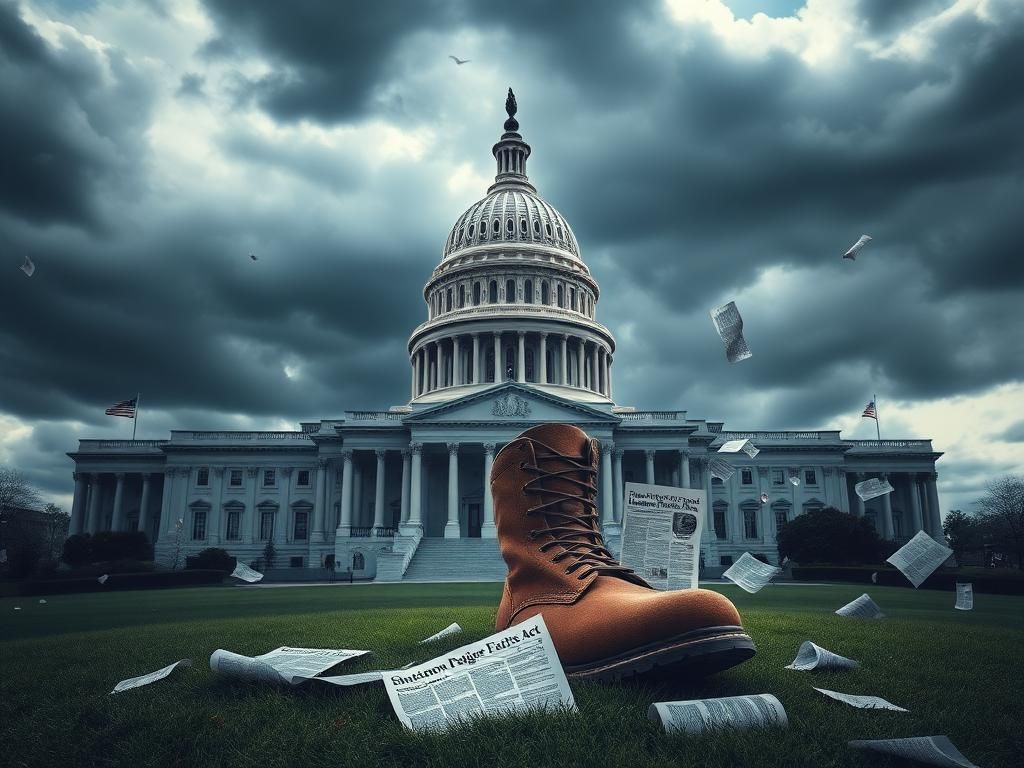 Flick International Dramatic depiction of the U.S. Capitol building surrounded by dark clouds highlighting political tension during a government shutdown.