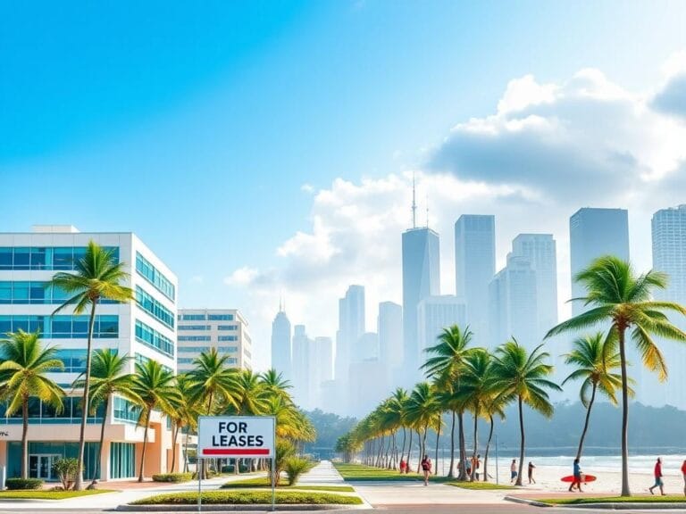 Flick International Bustling Boca Raton business district with empty storefronts and a distant NYC skyline