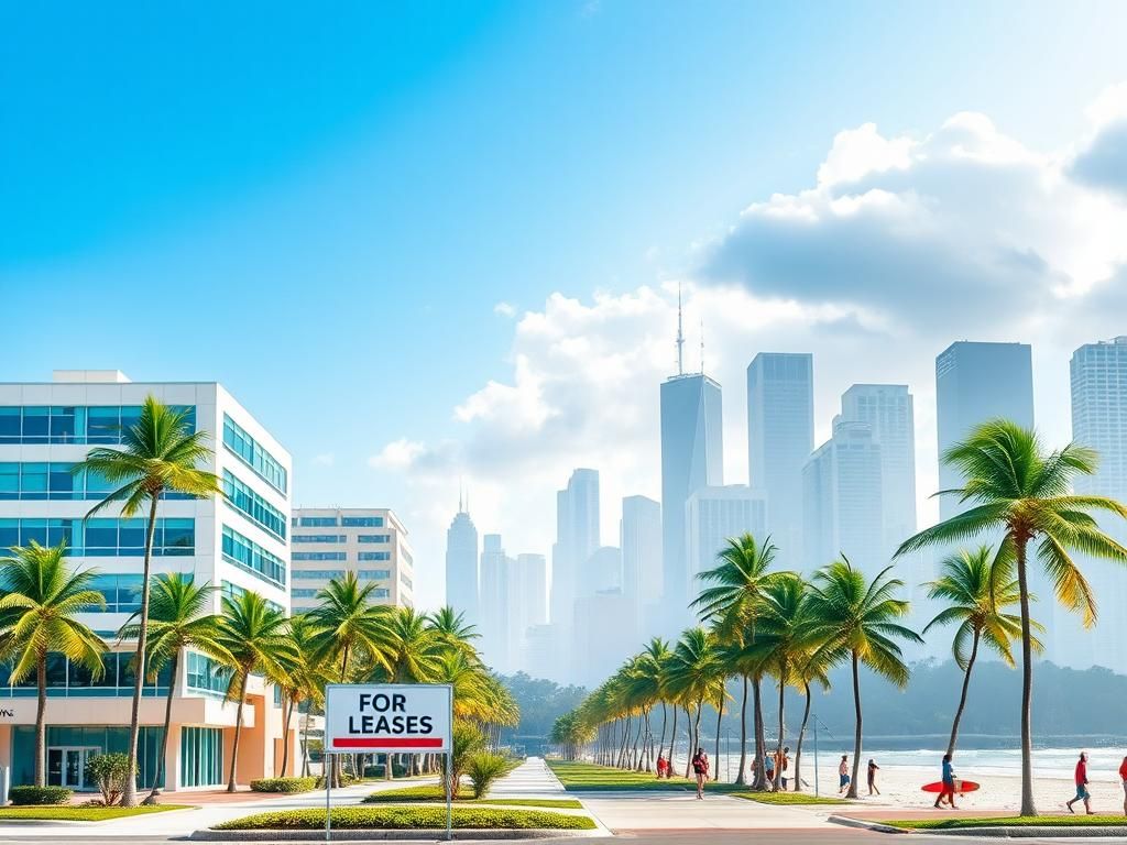 Flick International Bustling Boca Raton business district with empty storefronts and a distant NYC skyline