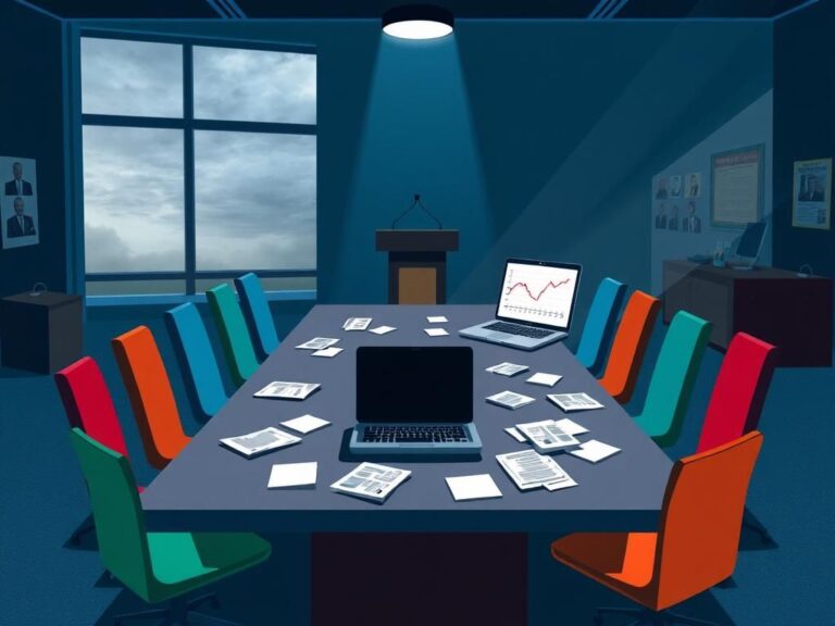 Flick International Stylized empty conference table with colorful chairs symbolizing political divide