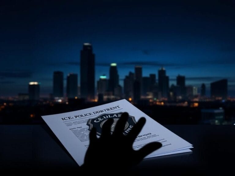 Flick International Dramatic cityscape of Dallas at dusk with a police badge and documents on a table