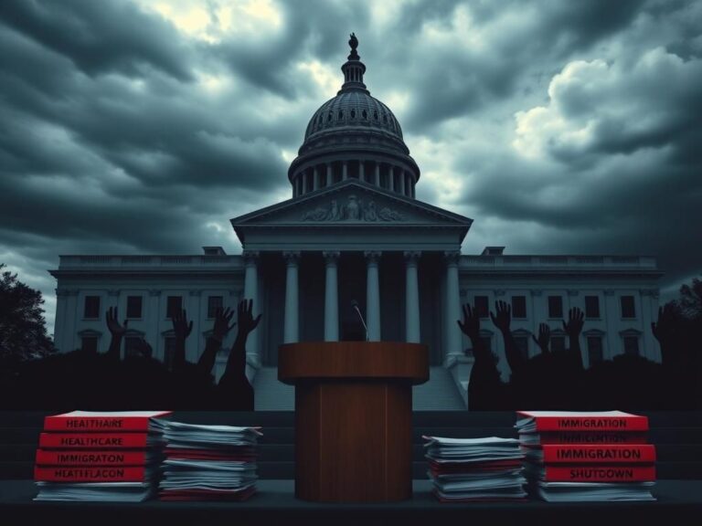Flick International Dramatic scene of an empty podium at a government building illustrating the healthcare and immigration debate