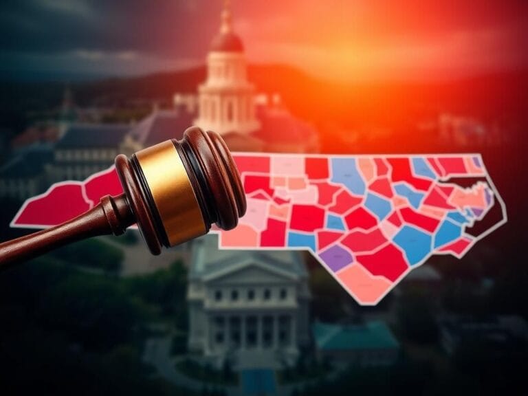 Flick International Aerial view of North Carolina's new congressional map with a gavel striking a sound block in the foreground