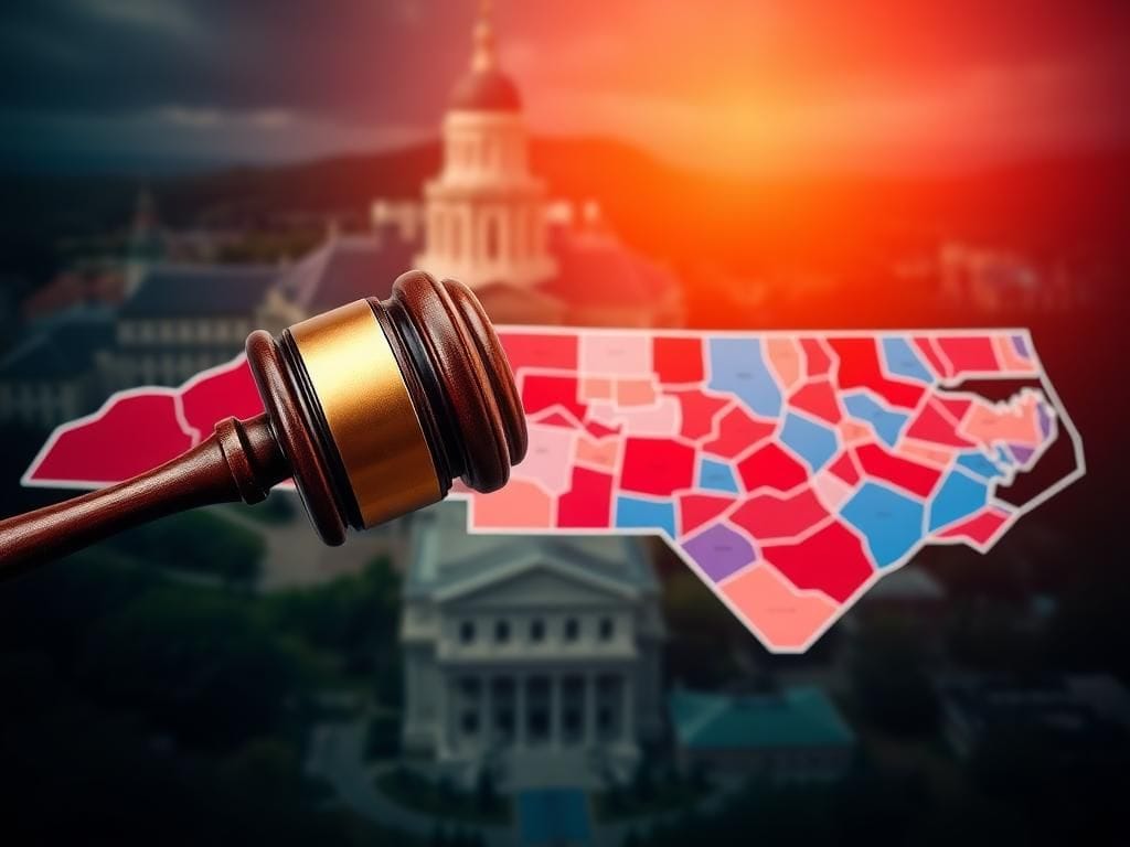 Flick International Aerial view of North Carolina's new congressional map with a gavel striking a sound block in the foreground