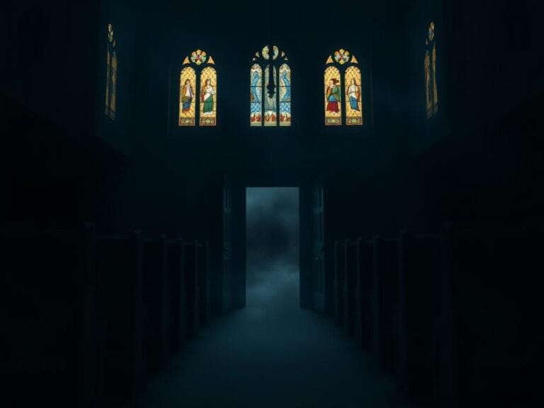 Flick International Darkened interior of a church depicting themes of faith and persecution