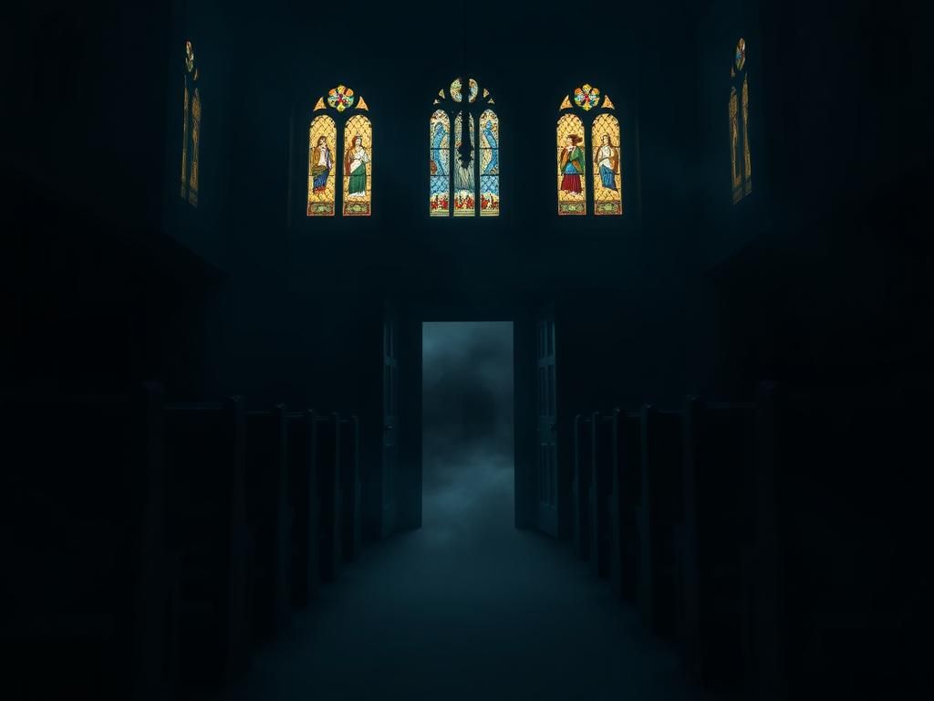Flick International Darkened interior of a church depicting themes of faith and persecution