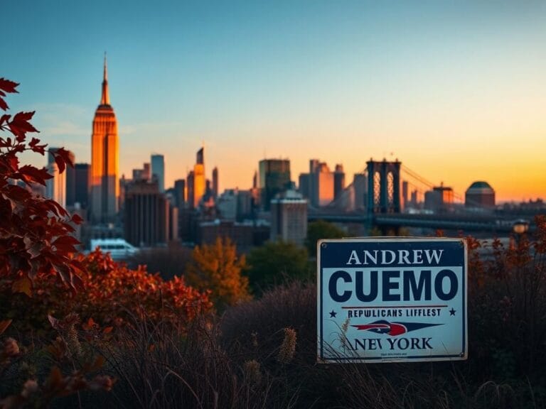 Flick International A panoramic view of New York City's skyline with a campaign sign for Andrew Cuomo in the foreground