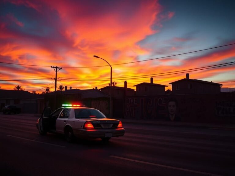 Flick International Abandoned police car in South Central Los Angeles at dusk with graffiti walls