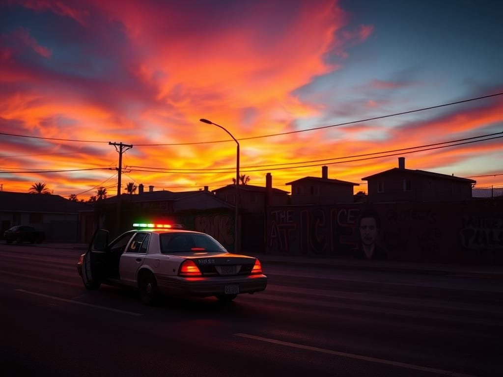 Flick International Abandoned police car in South Central Los Angeles at dusk with graffiti walls