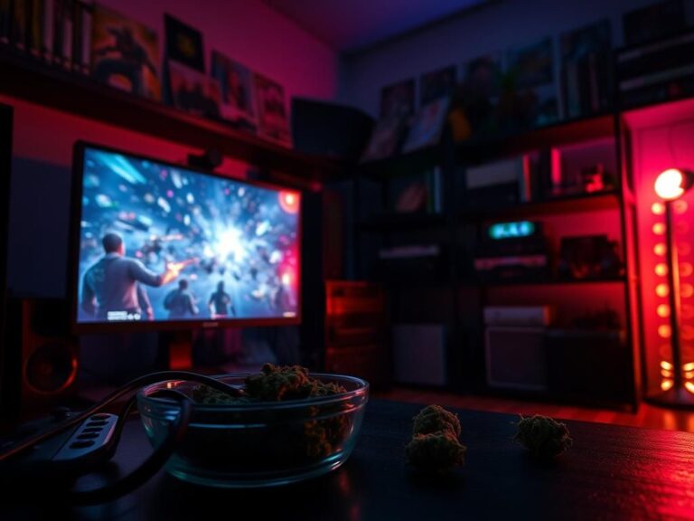 Flick International Dimly lit gaming room with cannabis and gaming setup