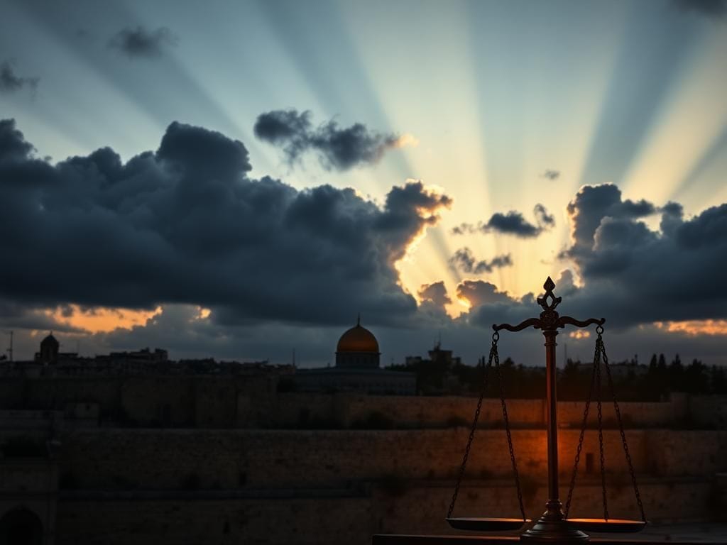 Flick International Dramatic skyline of Jerusalem at dusk with silhouette of the Western Wall