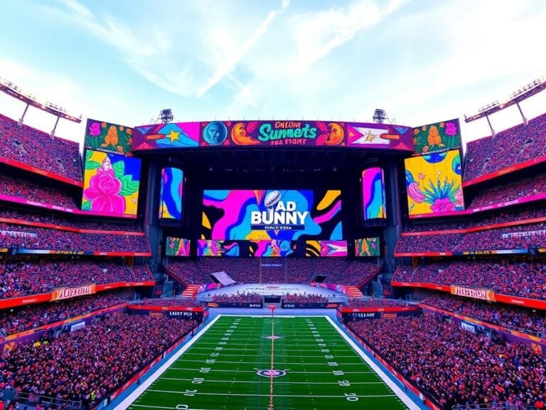 Flick International Grand Super Bowl stage at Levi's Stadium with vibrant decorations inspired by Bad Bunny's Puerto Rican heritage