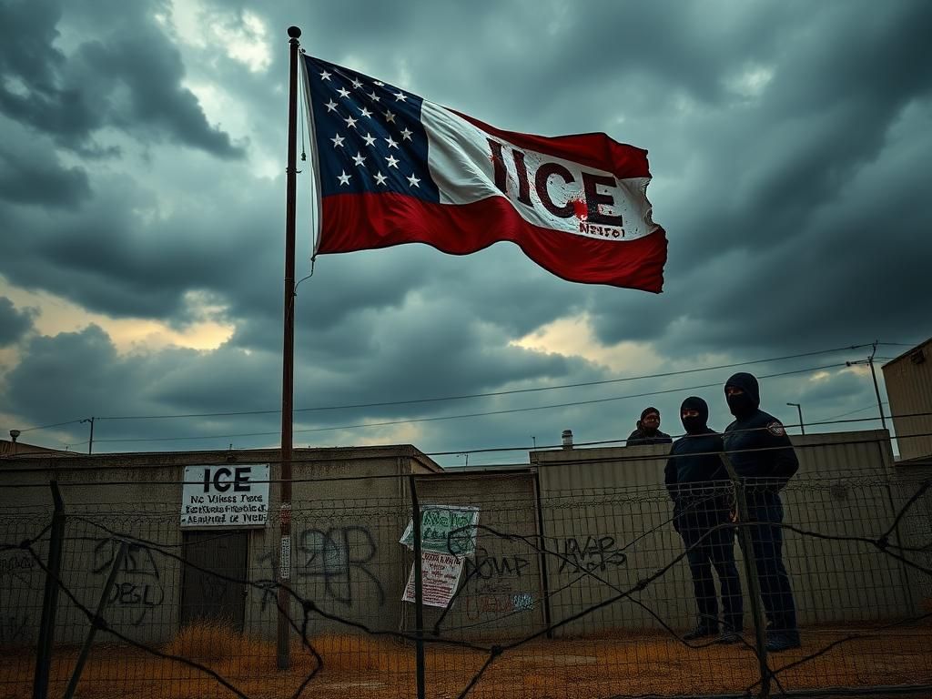 Flick International Dramatic depiction of an ICE facility surrounded by barbed wire and graffiti expressing dissent.