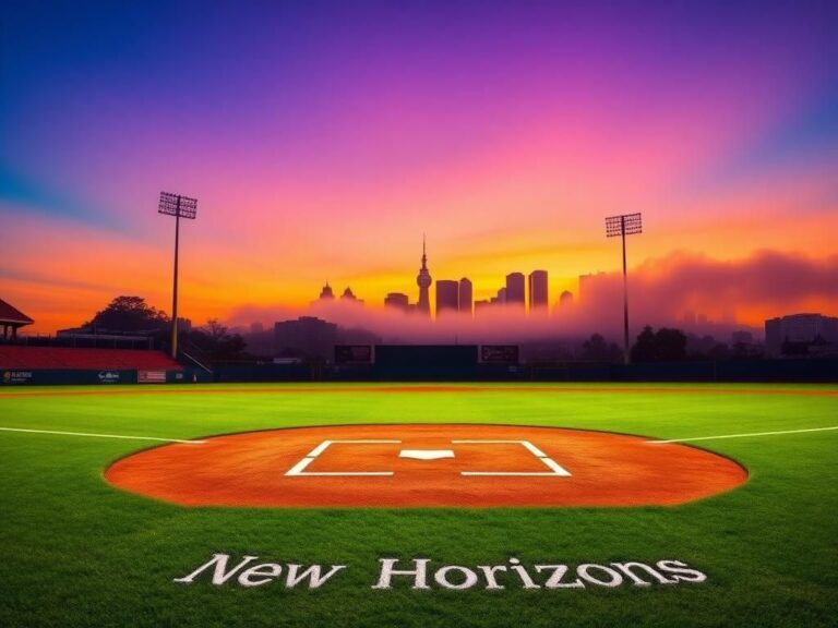 Flick International Vibrant baseball diamond at sunset with an empty dugout, representing new beginnings