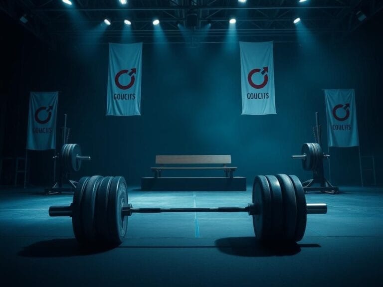 Flick International Dramatic scene of a tense weightlifting competition stage with empty benches and a focus on inclusivity.